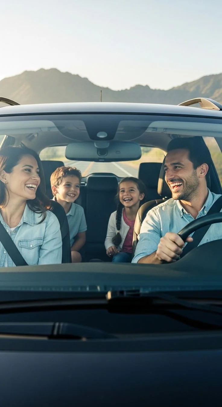 Família feliz dentro do carro indo viajar